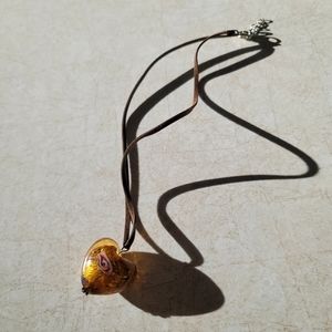 Boho Amber Colored Heart Pendant Faux Leather Brown Cord Necklace